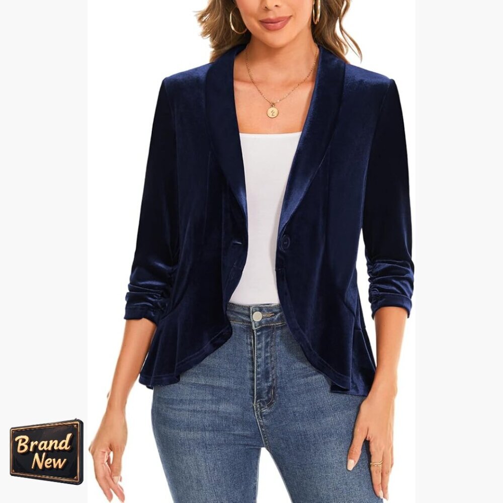 Velvet Blazer Ruched 3/4 Sleeve Shawl Lapel Button Front Tailored Jacket